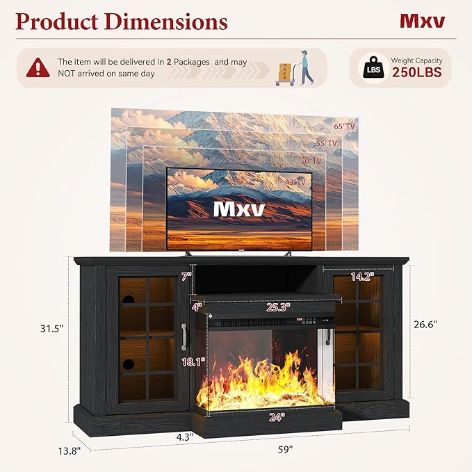 MXV 59'' Fireplace TV Stand, Farmhouse Entertainment Center with 3 Sided Glass TV Stand, Modern Media Console Table with Storage Drawers & Cabinets with LED Flame and Lights for Living Room, Black