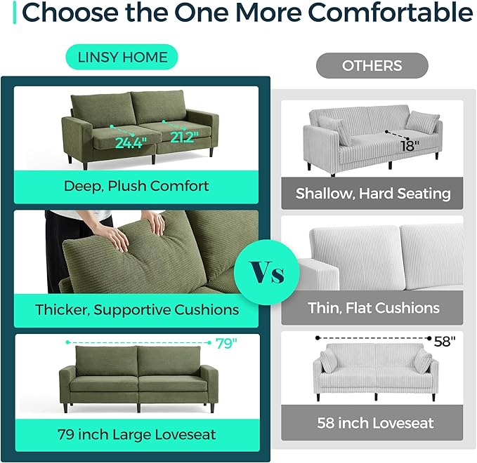 LINSY Modern Loveseat Sofa Couches for Living Room, Comfy Corduroy Sofa, Adjustable Seat Depth, Extra Deep Seats, Solid Wood Frame, Removable Cover, Love Seat Couch for Small Spaces (79inch, Green)