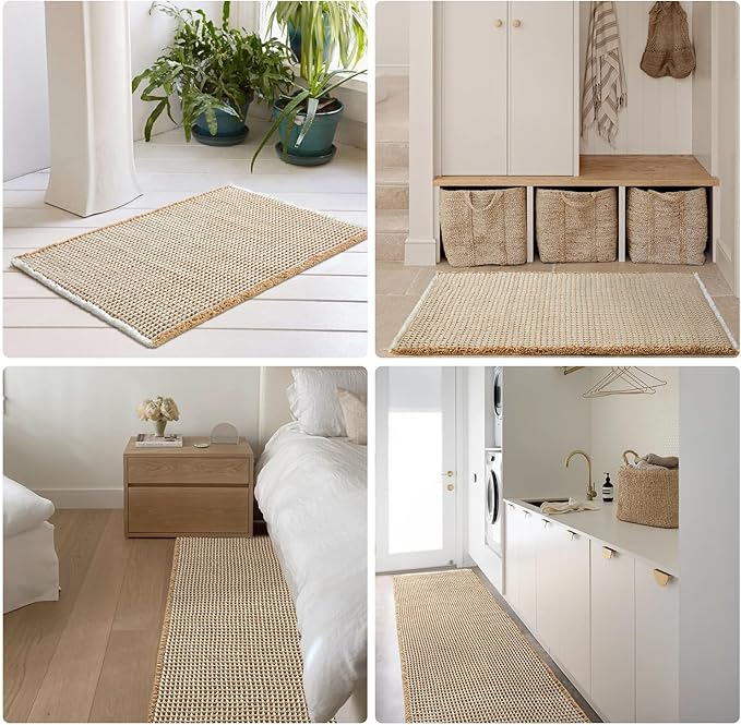 Waffle Bath Mat, Boho Bathroom Rugs Non Slip Washable Super Absorbent Quick Dry Bath Mat Farmhouse Bathroom Decor, 30"x20" Khaki and White