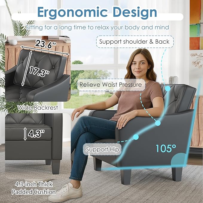 STHOUYN Living Room Chairs Black Leather Accent Chairs Set of 2, Waiting Room Arm Chairs, Reading Chairs for Bedroom Comfy Club Chair Tufted, Office Small Space (2, Black)