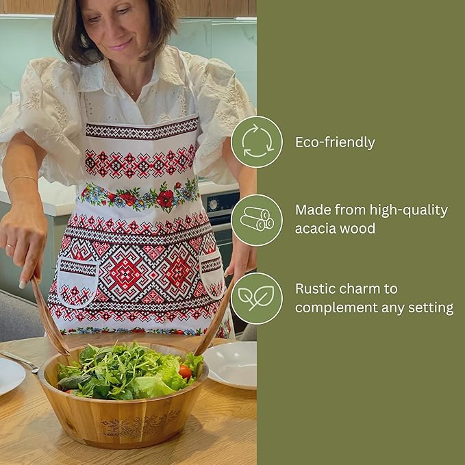 Large Wooden Salad Bowl Set, Eco-friendly Wooden Bowl, Handcrafted Acacia Wood Salad Bowl for Kitchen & Dining