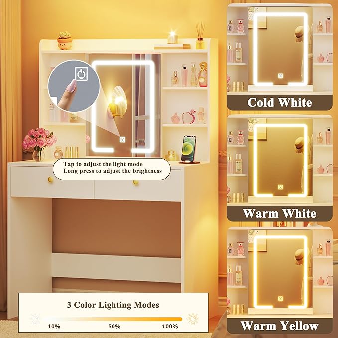 Vanity Desk with Mirror and Lights, 31" Makeup Vanity Desk with Lights 3 Colors, Small Vanity with 2 Storage Drawers & 6 Shelves for Girls Women Bedroom, White