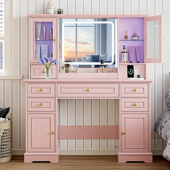 Vanity Desk with HD Lighted Mirror & Power Outlet, Farmhouse Makeup Vanity Table Set with Storage Drawers & RGB Cabinets, Large Dressing Table with 3 Lighting Modes for Women Girls Kids Bedroom, Pink