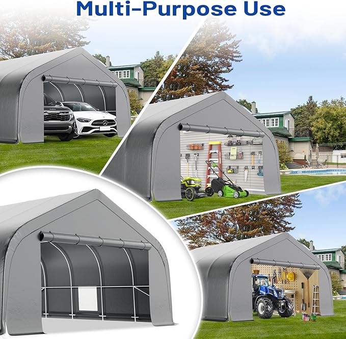 EROMMY 20x20 FT Heavy Duty Durable Carport, Galvanized Steel Frame Garage Shelter and Outdoor Storage, Waterproof 3-Layer PE Cover, Fits 2 Cars, Boat, Farm Equipment, Silver Gray