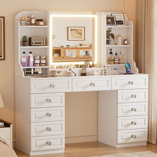 PAKASEPT 47.3'' Makeup Vanity with 11 Drawers, Tempered Glass Top Vanity Table with Mirror and LED Lights, 7 Storage Shelves, Built-in Charging Station, Dressing Table for Bedroom (No Stool)