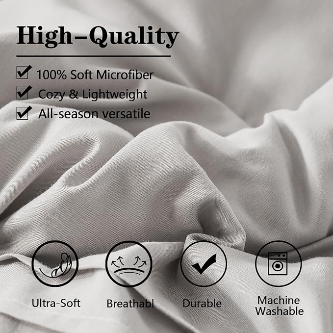 Yogeneg Queen Comforter Set 7 Piece Bed in a Bag,Grid Pinch Pleat Grey Bedding Set,Striped Textured Soft Microfiber Comforter with Sheet Set,All Season Complete Bed Set(Grey,Queen)