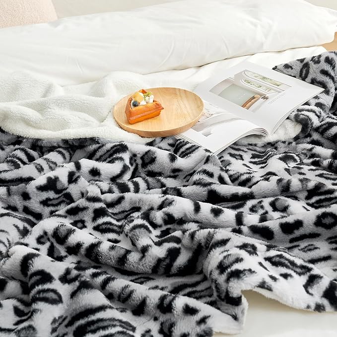 Cozy Bliss Luxury Faux Fur Throw Blanket Leopard Print, Non Shedding Double Sided Sherpa Blankets Super Soft Fluffy Thick Warm Throws Home Decor for Couch Bed Sofa Women,50"*60"Inches Snow Leopard