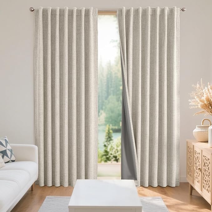 Joydeco 100% Blackout Curtains for Bedroom - Natural Linen Curtains 52" W x 84" L Long, Thermal Insulated 2 Panels Light Beige. Room Darkening Light Blocking Drapes for Living Room