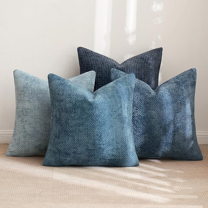 MIULEE Pack of 4 Couch Throw Pillow Covers 16x16 Inch Neutral Blue Soft Decorative Chenille Pillow Covers Farmhouse Accent Cushion Covers for Boho Western Home Coastal Decor Sofa Bedroom Living Room