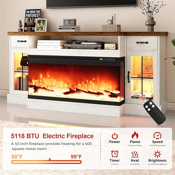 4 EVER WINNER Fireplace TV Stand with 40" Electric Fireplace for 80" TV, 70" Entertainment Center with Adjustable Storage Cabinets, 2 Drawers, TV Consoles for Living Room, White