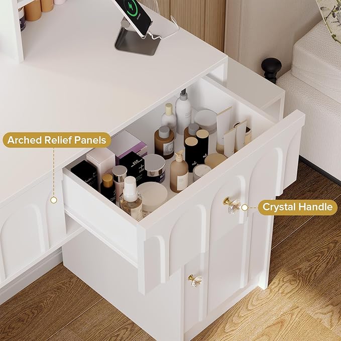 Vanity Desk with Mirror and Lights, Makeup Desk with 2 Drawers & Adjustable Shelves, Dressing Table with Charging Station for Bedroom. 3 Adjustable Light Modes