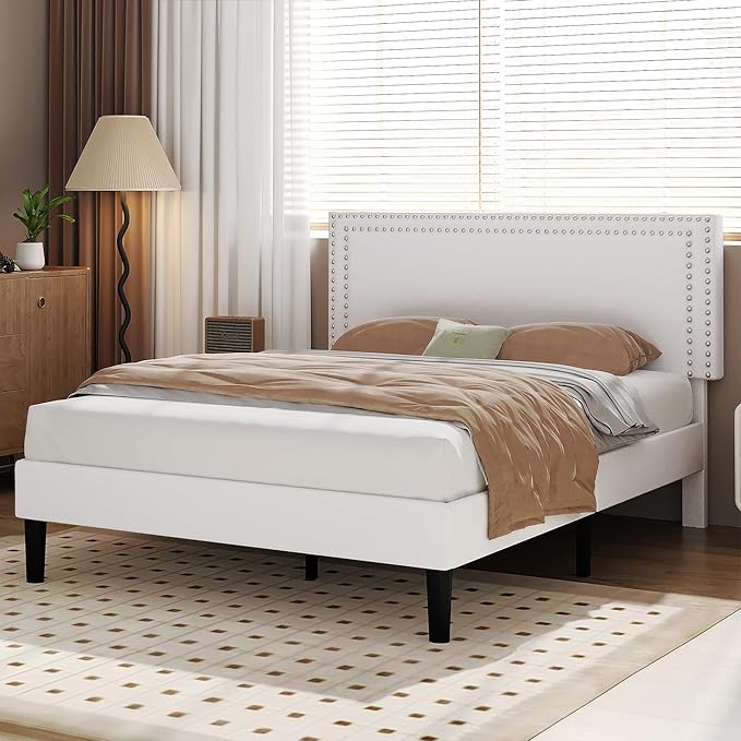 VECELO Queen Size Bed Frame with Adjustable Upholstered Headboard, Wooden Slats Platform, Noise-Free Design, Easy Assembly