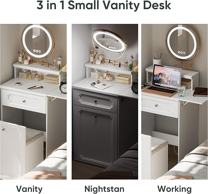 3 in 1 Small Vanity, Makeup Vanity Desk with Rotatable Mirror and Lights, White Make Up Vanity Table with 3 Adjustable Lighted and Chair for Compact Space, Corner Mini Makeup Table with Fold-up Panel