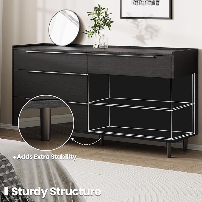 Modern Minimalist 60" Black Dresser for Bedroom, Large 6 Drawer Storage Cabinet with Sleek Metal Handles, Clothes Organizer Chest for Closet, Hallway, or Living Room