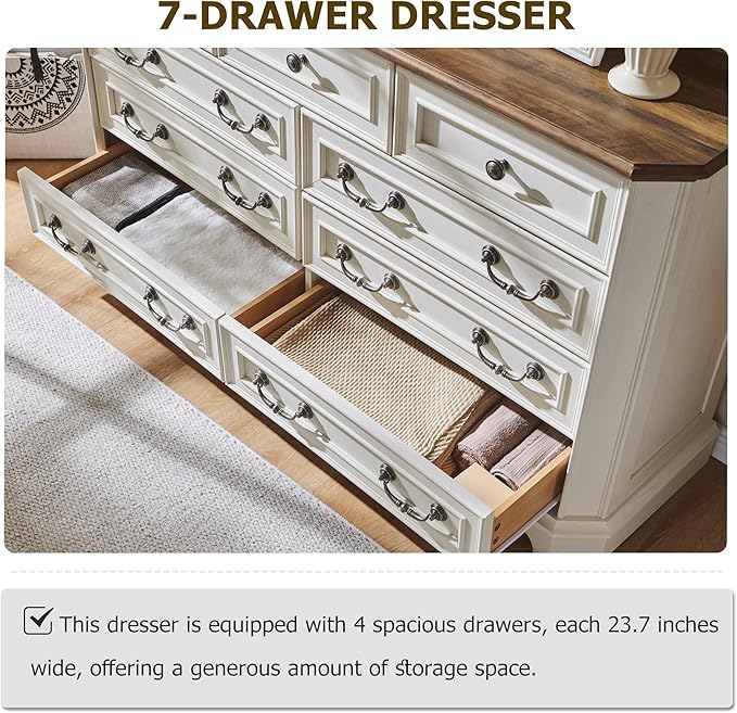 T4TREAM Farmhouse 9 Drawers Dresser for Bedroom, 54" Wide Wood Rustic Chest of Drawers with Natural Texture, Vintage Design, Storage Dressers Organizer for Bedroom, Living Room, Hallway, Antique White