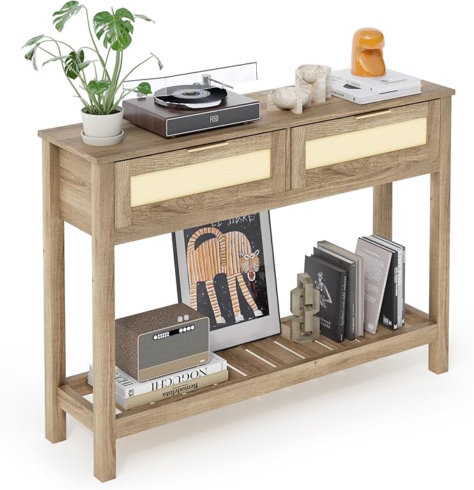 Console Tables with 2 Drawers,Rattan Entryway Table with Storage Shelf,Wood Boho Foyer Tables for Entryway,Farmhouse Console Tables for Living Room,Hallway, Sofa Table,Study Or TV Wall