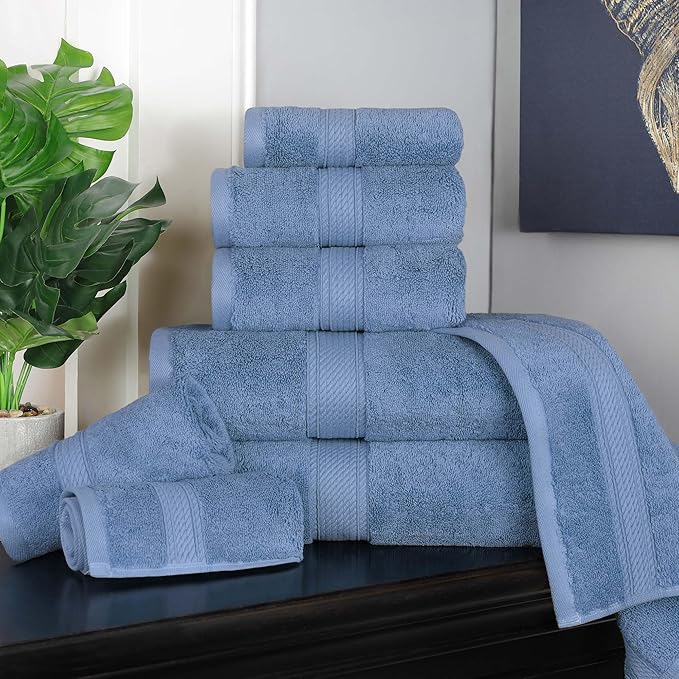 Superior Egyptian Cotton Pile 8 Piece Towel Set, Includes 2 Bath, 2 Hand, 4 Face Towels/Washcloths, Ultra Soft Luxury Towels, Thick Plush Essentials, Guest Bath, Spa, Hotel Bathroom, Denim Blue