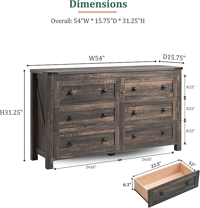 RedLemon Farmhouse 6 Drawer Dresser for Bedroom, 54 Inch Wide Rustic Wood Dresser TV Stand, Dresser Chest of Drawers for Closet, Living Room, Hallway, Dark Rustic Oak