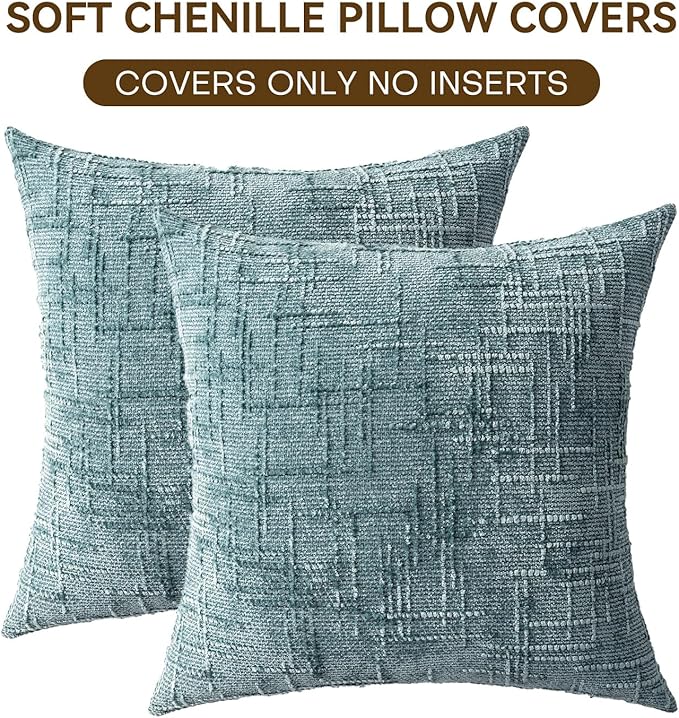 Decorative Throw Pillow Covers 18x18 Inch Set of 2, Soft Solid Farmhouse Chenille Couch Pillows, Spring Pillow Covers for Couch Sofa Bed Living Room Home Decor Pillowcase, Teal