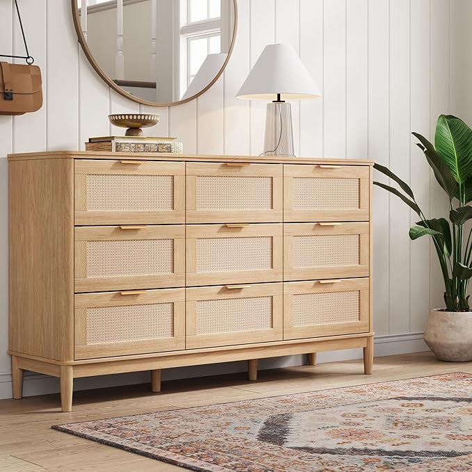 LINSY HOME Rattan Dresser for Bedroom with 9 Drawers, 58" Wide Chest of Drawers, Mid Century Modern Dresser TV Stand with Metal Handle, Wood Closet Storage Cabinet for Living Room, Hallway, Oak