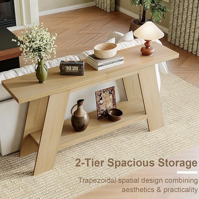 Treocho 63 Inch Long Console Tables for Entryway, 2-Tier Modern Wood Sofa Table with Shelf Behind Couch, Contemporary Narrow Entryway Table for Living Room, Hallway, Entrance, Hallway, Entrance, Oak