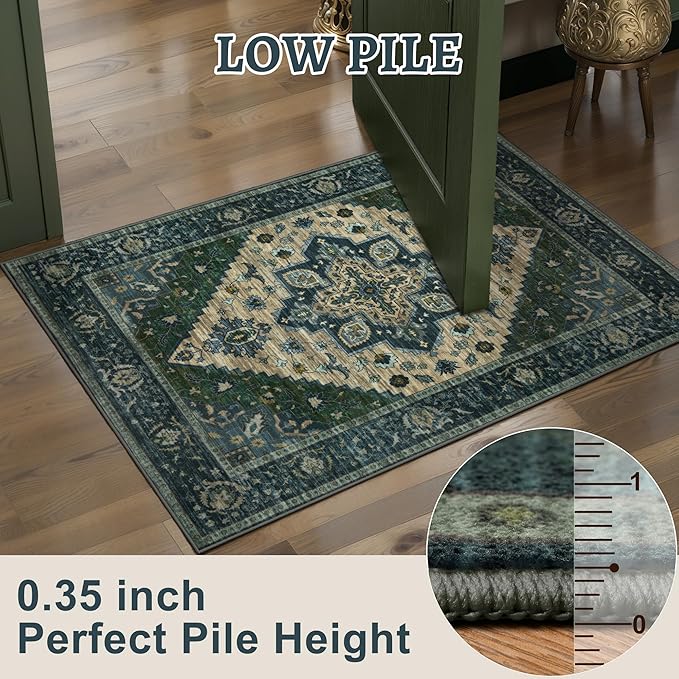 Tangsoo 2x3 Rugs for Entryway, Vintage Washable Non Slip Small Area Rug, Indoor Front Door Rug, Print Distressed Door Mat Carpet, Soft Low Pile Rugs for Entrance Kitchen Bedroom Green