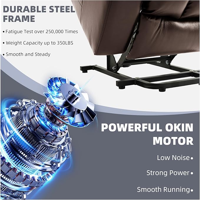 Power Lift Recliner Chair for Elderly, Electric Recliner Chairs for Adults with Massage and Heat, Cup Holders, Remote Control, USB Ports, Side Pockets, Leather (Saddle Brown)