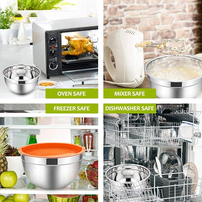 E-far Mixing Bowls with Lids Set of 5, Stainless Steel Mixing Bowls Metal Nesting Bowls with Airtight Lids, Non-toxic & Dishwasher Safe, Great for Cooking, Baking, Serving - Size 0.7/1/1.5/3/4.6QT