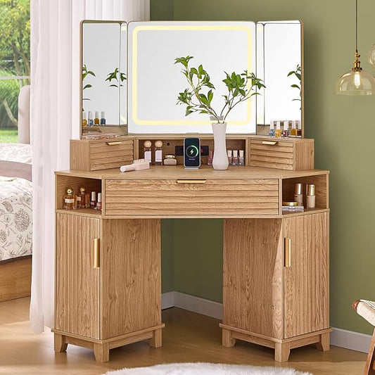 AOGLLATI Large Fluted Corner Vanity Desk with HD Triple Mirror and Lights, Makeup Vanity Desk with 3 Drawers & 3 Cabinets, Modern Dressing Table with Charging Station for Bedroom, Wood
