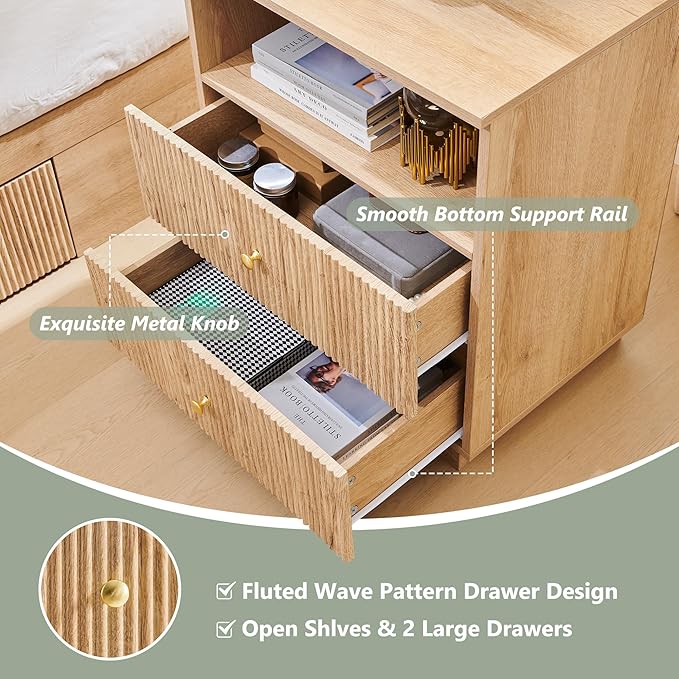 Fluted Night Stand with Charging Station, 21.65" Nightstand with Drawer/Open Shelves, 2 Drawer Dresser for Bedroom, Morden End Table Bedside Table for Bedroom, Living Room, Natural