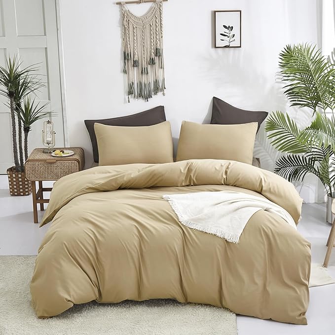 Luxlovery Khaki Comforter Set Full Champagne Bedding Comforter Set Full Women Men Taupe Solid Soft Breathable Blanket Quilts Sand Color 3 Piece Comforter Bedding Set