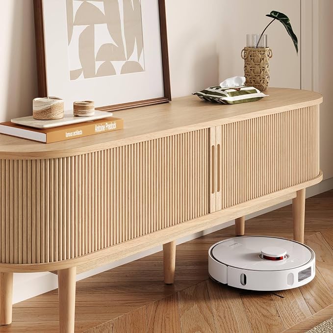 LINSY HOME TV Stand for 65" TV, Mid-Century Modern 58" Entertainment Center with Sliding Tambour Door and Storage Cabinet, Cruved TV Media Console Table for Living Room, Bedroom, Oak