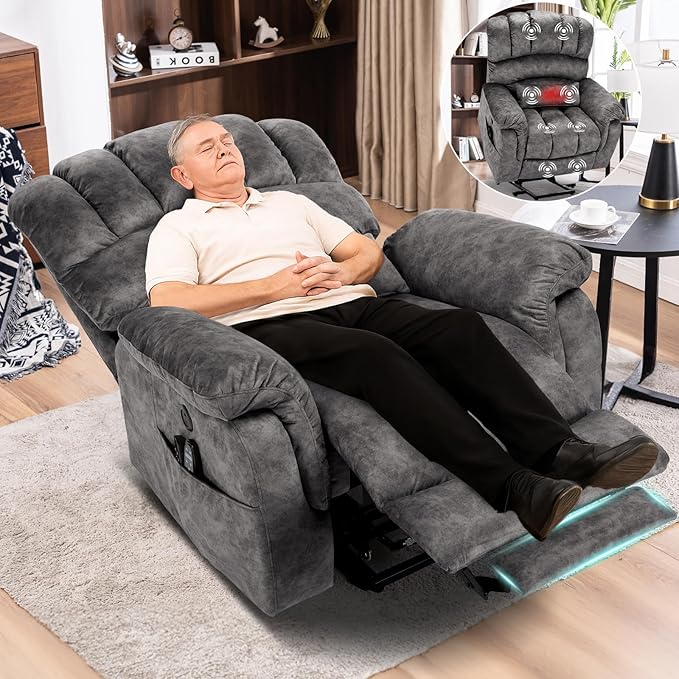 MEETWARM Large Dual Motor Power Lift Chair with Extended Footrest for Big Tall Elderly, Infinite Position Lay Flat Lift Electric Recliner, Heat Massage, Lumbar Pillow, USB & Type-C Ports, Plush Gray