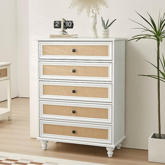 5 Drawer Dresser for Bedroom, Mid Century Modern Wide Wood Rustic Chest of Drawers Wooden Storage Organizer Dressers with Burlap Rattan Drawers for Living Room, Hallway Closet, Entryway, Beige White