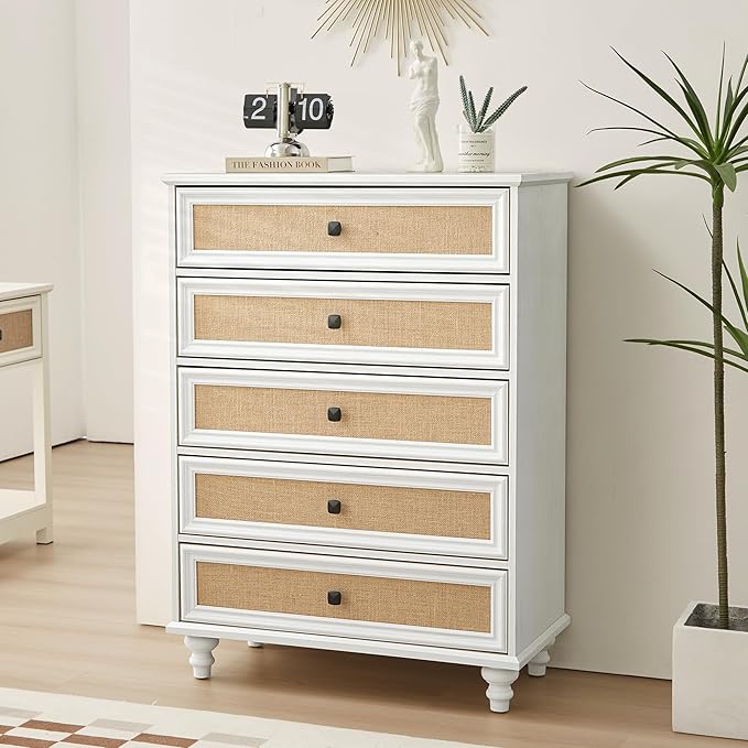 10 Drawer Dresser for Bedroom, Mid Century Modern Wide Wood Rustic Chest of Drawers Wooden Storage Organizer Dressers with Burlap Rattan Drawers for Living Room, Hallway Closet, Entryway, Beige White