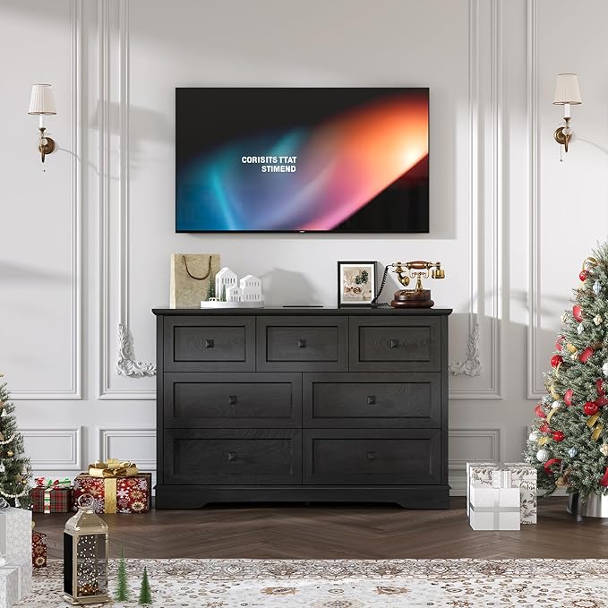 Farmhouse 7 Drawers Dresser for Bedroom with Charging Station, Wide Black 7 Chest of Drawers, Wood Dressers Organizer for Closet, Modern Storage Organizer Cabinet for Living Room,Hallway & Entryway﻿