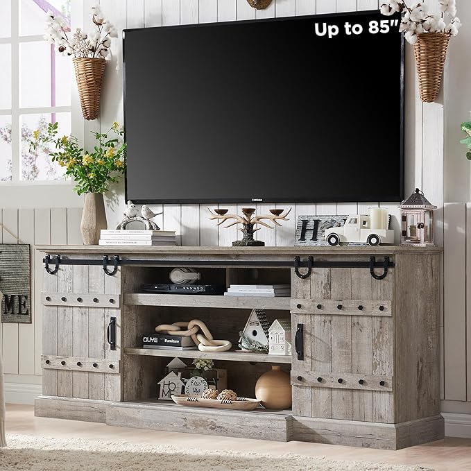 OKD Farmhouse 75" TV Stand for 80 85 Inch TV, Rustic Media Console Table with Sliding Barn Door, Large Highboy Entertainment Center with Storage Cabinet for Living Room, Bedroom, Light Rustic Oak