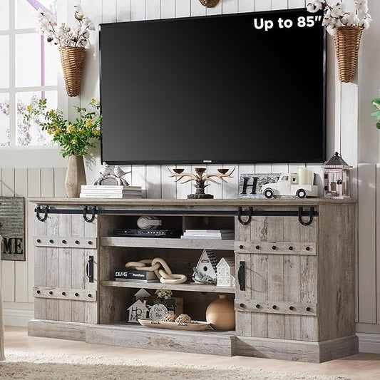 OKD Farmhouse 75" TV Stand for 80 85 Inch TV, Rustic Media Console Table with Sliding Barn Door, Large Highboy Entertainment Center with Storage Cabinet for Living Room, Bedroom, Light Rustic Oak