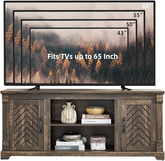 Farmhouse TV Stand for 65+ Inch TV, 25" Tall Entertainment Center with Barn Door, Rustic TV Stands for Bedroom with Adjustable Shelf, Wooden TV Consoles for Living Room, Dark Rustic Oak
