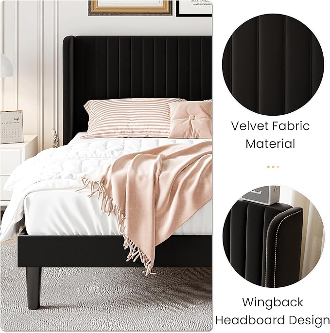 SHA CERLIN King Size Velvet Bed Frame with Vertical Channel Tufted Wingback Headboard, Upholstered Platform Bed with Wood Slats, No Box Spring Needed, Easy Assembly, Black