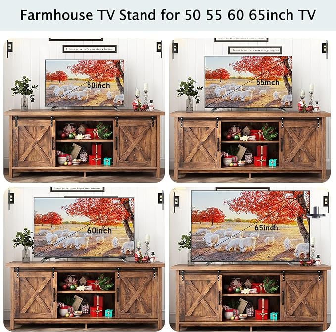 Farmhouse TV Stand for 55-65in TV with Adjustable Shelves & Sliding Barn Door - Rustic, Wooden Entertainment Center & Media Cabinet for Bedroom, Living Room (Dark Brown, 58in)