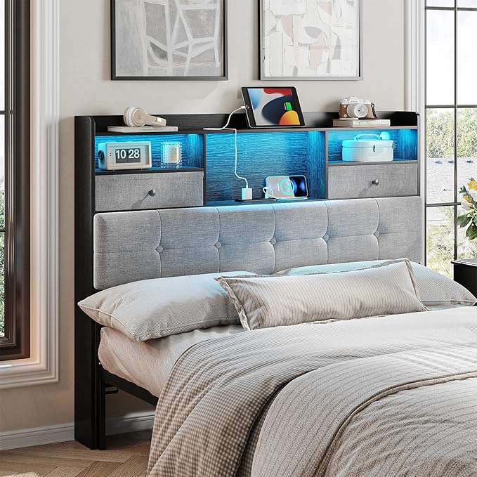 Maupvit Headboard Queen Size with Storage, Queen Headboard Only with 2 Drawers, Charging Station and LED Lights, Upholstered Headboards Easy Assembly, Black&Grey