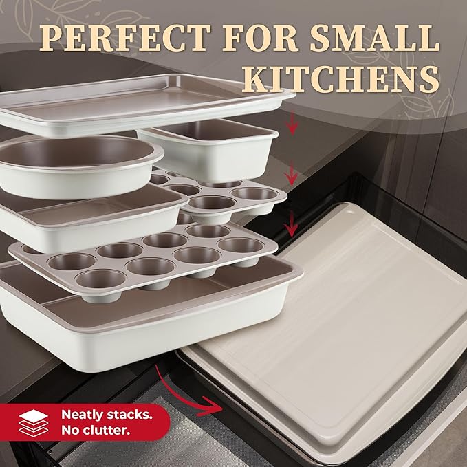 CARTMAN Bakeware Set 9-pieces Brown and White with Round/Square Cake Pan,Loaf Pan,6/12 Cup Muffin Pan,Cookie Sheet, Brush and Spatula, Carbon Steel Bake Set, Nonstick Stainless Steel Baking Pans Set