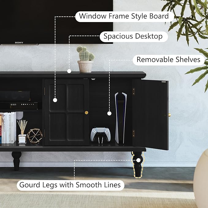 3More 67" Mid Century Modern TV Stand with Window Design,Wood Entertainment Center with Open Shelf,Up to 70" Media TV for Living Room or Bedroom,Black