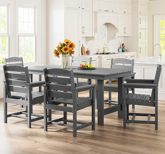SERWALL Outdoor HDPE Dining Table Set, 7-Piece Outdoor Dining Table Sets with Umbrella Hole Cut-Out Table and 6 Chairs, Gray