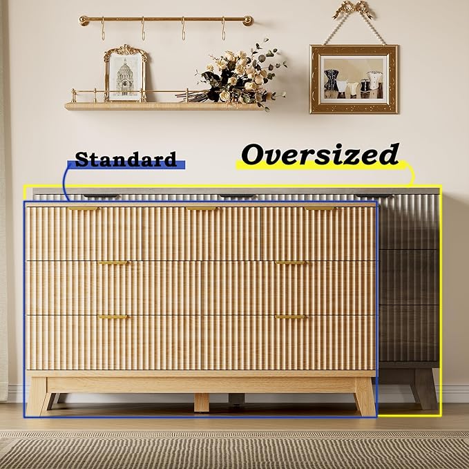 57" Long Dresser for Bedroom, 7-Drawer Fluted Chest, Wide Wood Storage Dresser with Metal Slides and Handles, Stable Base, Modern Clothes Organizer for Primary Suite, Guest Room, Nursery
