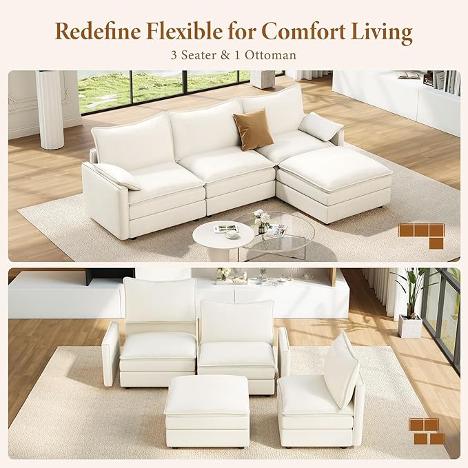 Vesgantti 108" Modular Sectional Sofa, Comfy Cloud Couch with Movable Ottoman Deep Seat Chenille L Shaped Modular Sofa, Sectional Couches for Living Room, Bedroom and Apartment, Snow White