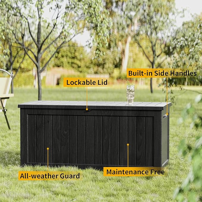 270 Gallon Outdoor Storage Box Waterproof Lockable Resin Deck Box Large, Patio Storage Bin for Pool Accessories Cushion Furniture, Garden Tools, UV-Resistant Outside Delivery Black