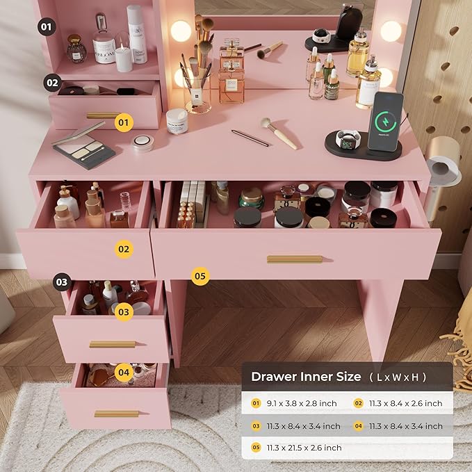 Vanity Desk with LED Lighted Mirror&Power Outlet, 3 Lighting Colors Makeup Vanity Desk with 5 Large Drawers and 3 Storage Shelves, Pink Vanity with Storage Stool for Bedroom