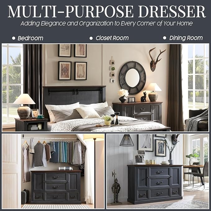 Farmhouse 5 Drawers Dresser for Bedroom, Wood Rustic Storage Organizer Closet Chest, Chest of Drawers w/Groove Barn Door&Shelf for Closet, Living Room, Dining Room, Hallway, Dark Grey